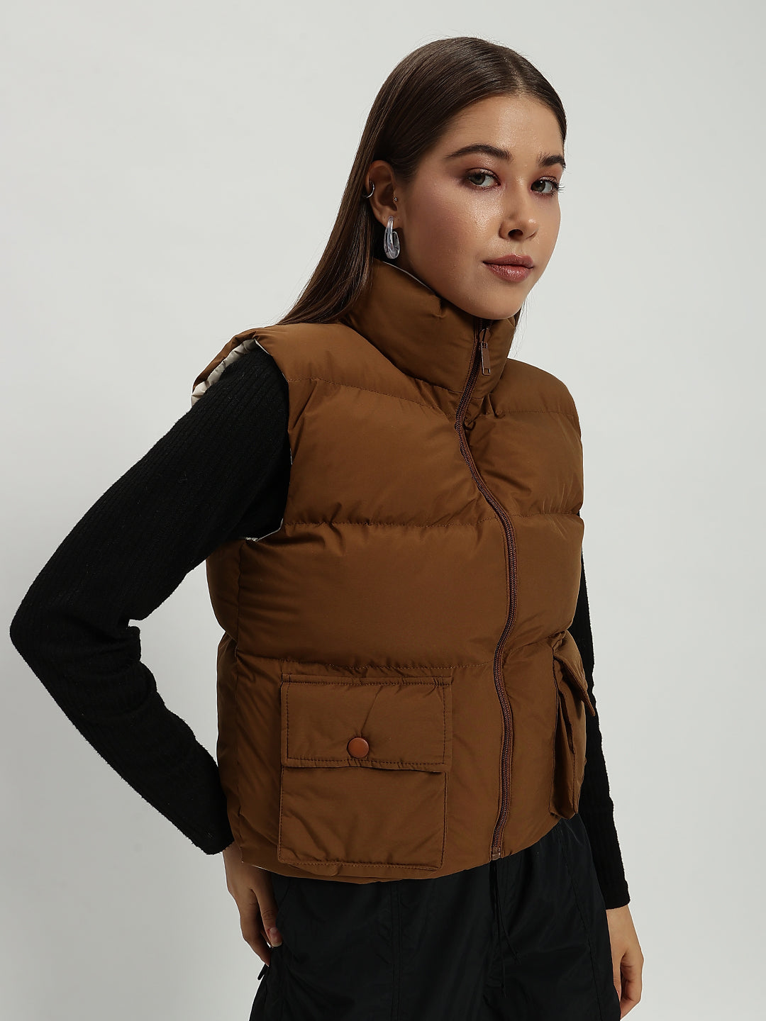 WOMEN CARGO PUFF JACKET REVERSIBLE BROWN AND BEIGE