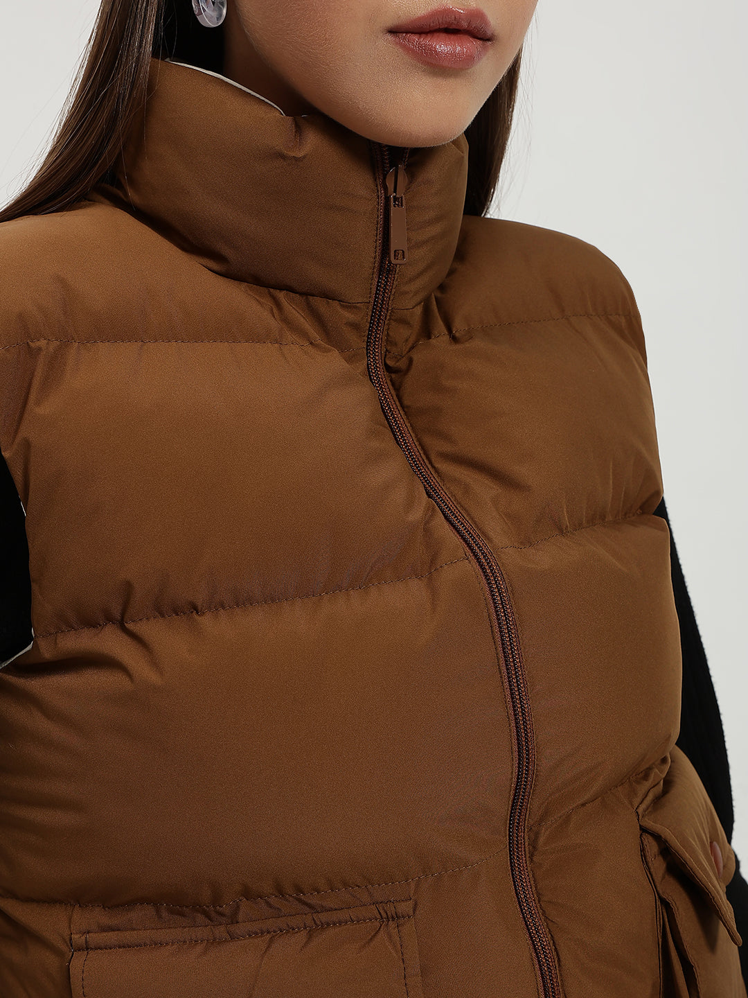 WOMEN CARGO PUFF JACKET REVERSIBLE BROWN AND BEIGE