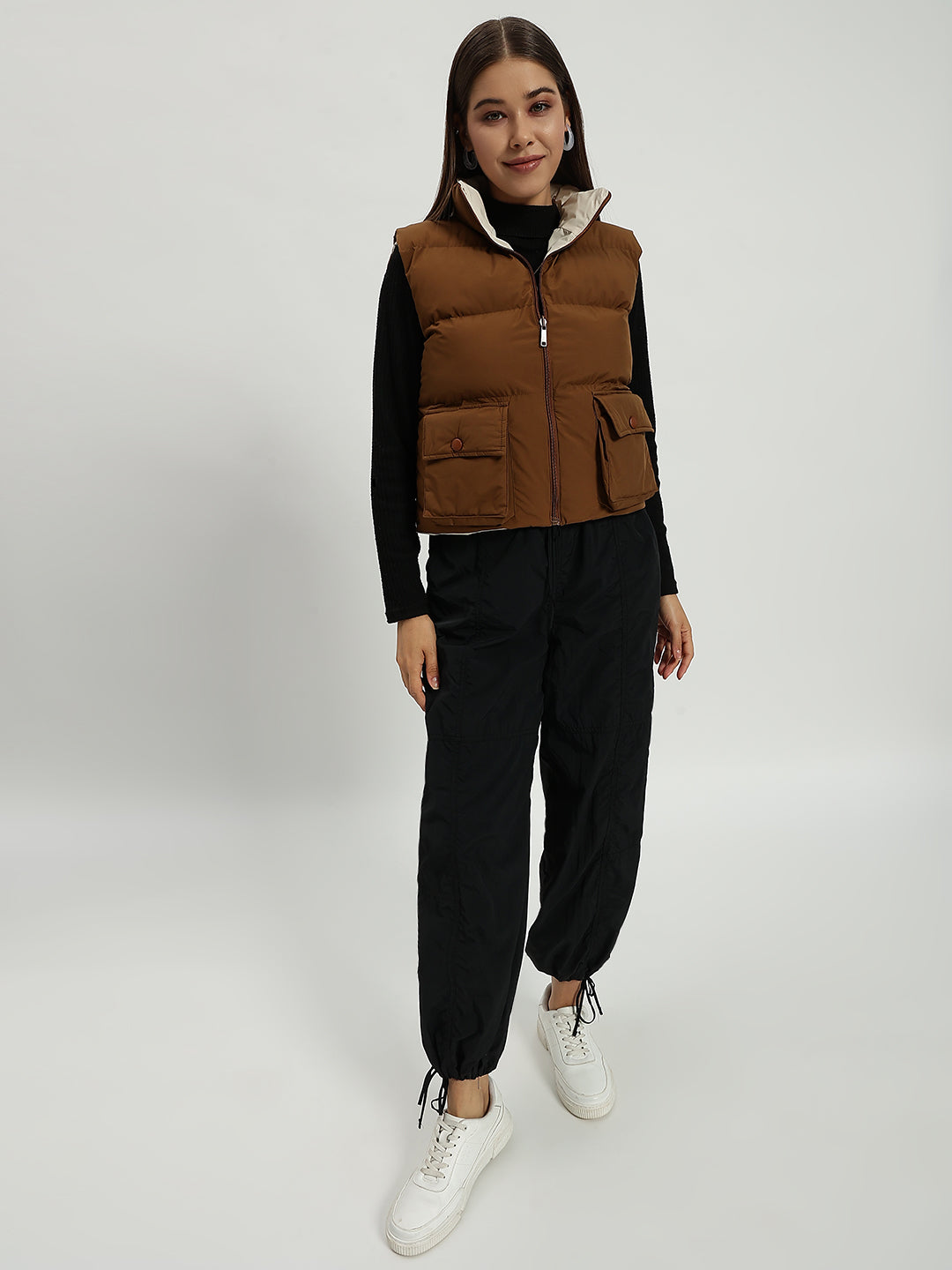 WOMEN CARGO PUFF JACKET REVERSIBLE BROWN AND BEIGE