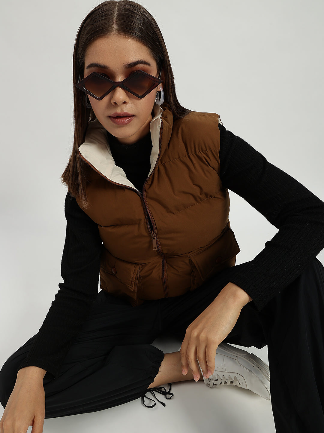 WOMEN CARGO PUFF JACKET REVERSIBLE BROWN AND BEIGE