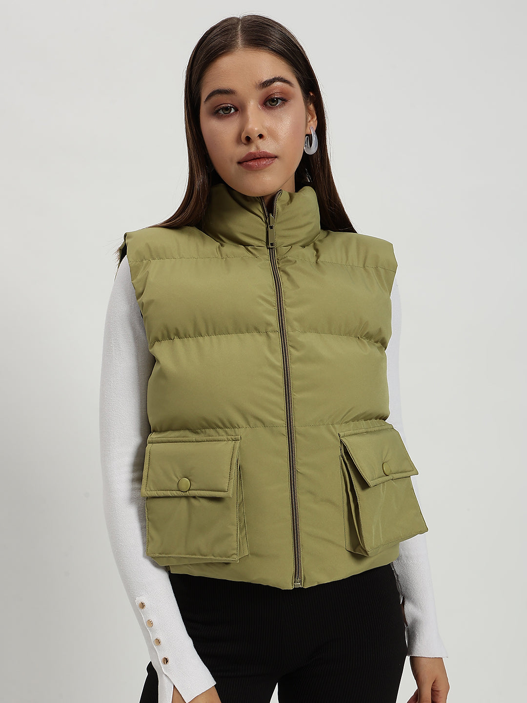 WOMEN CARGO PUFF JACKET REVERSIBLE GREEN AND BLACK