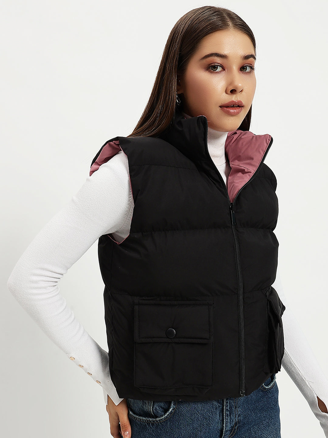 WOMEN CARGO PUFF JACKET REVERSIBLE BLACK AND PINK