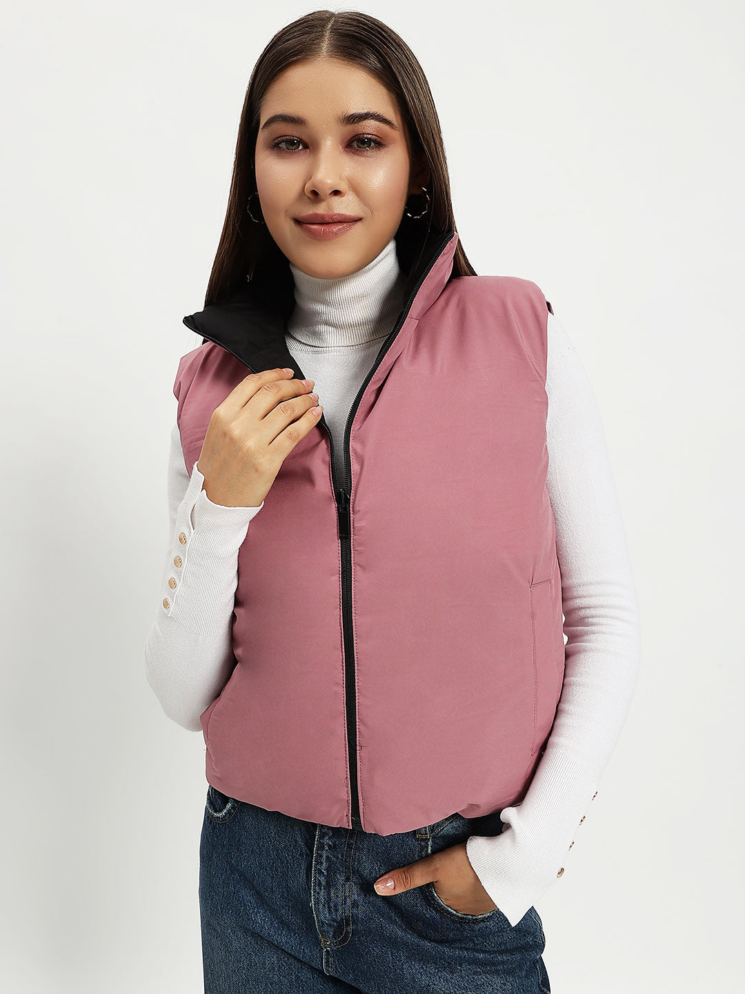 WOMEN CARGO PUFF JACKET REVERSIBLE BLACK AND PINK