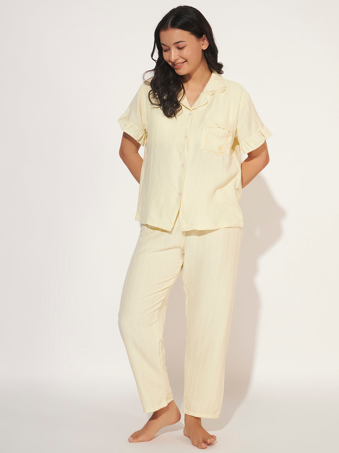 PADDED 3 PC KOREAN NIGHTSUIT SET BUTTER YELLOW