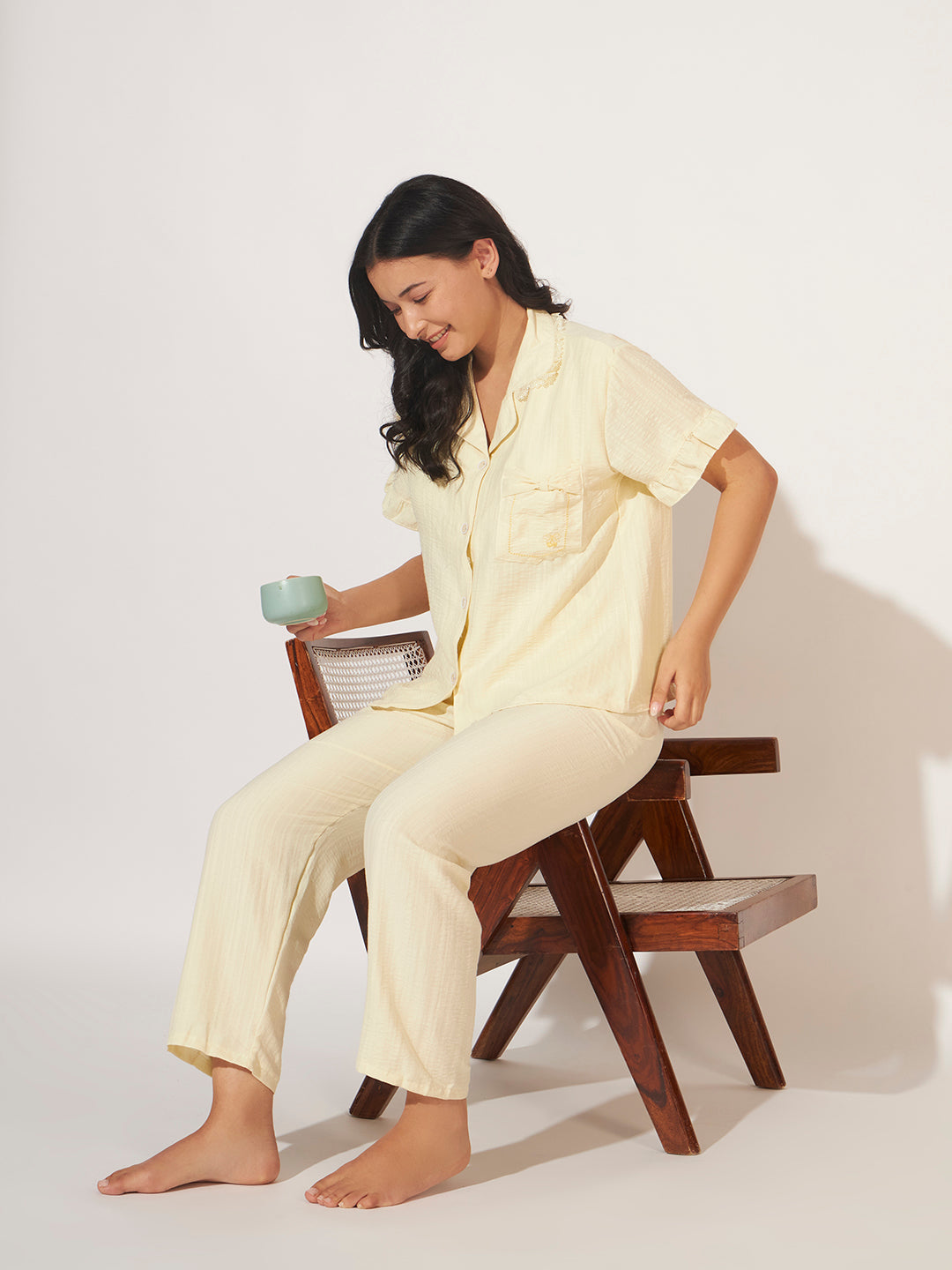 PADDED 3 PC KOREAN NIGHTSUIT SET BUTTER YELLOW