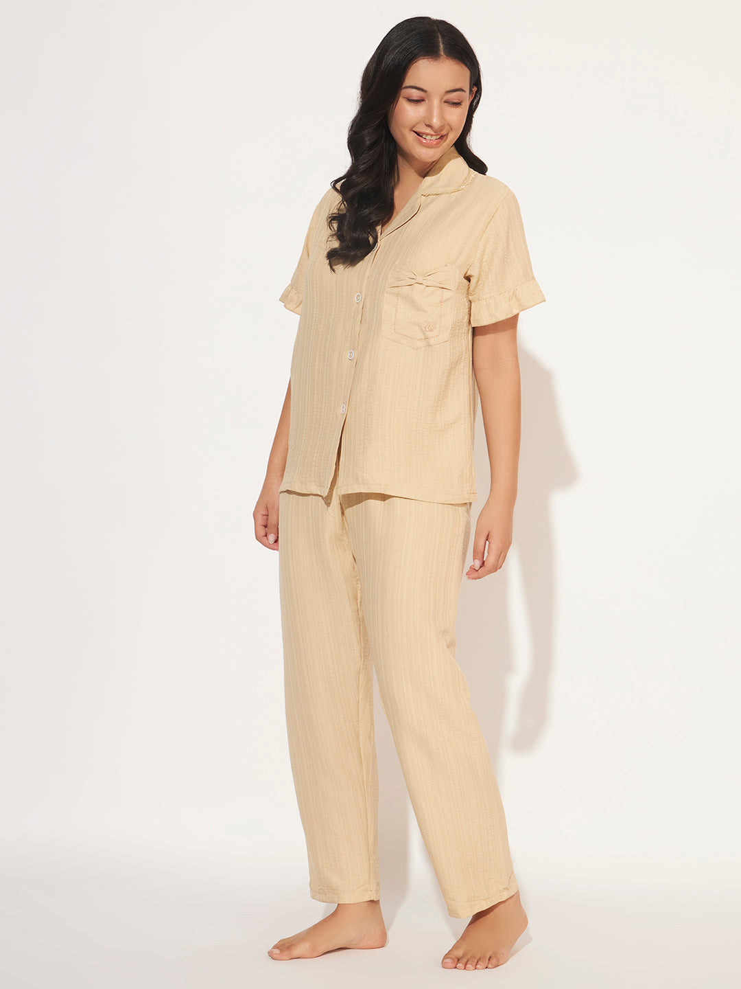 PADDED 3 PC KOREAN NIGHTSUIT SET SAND