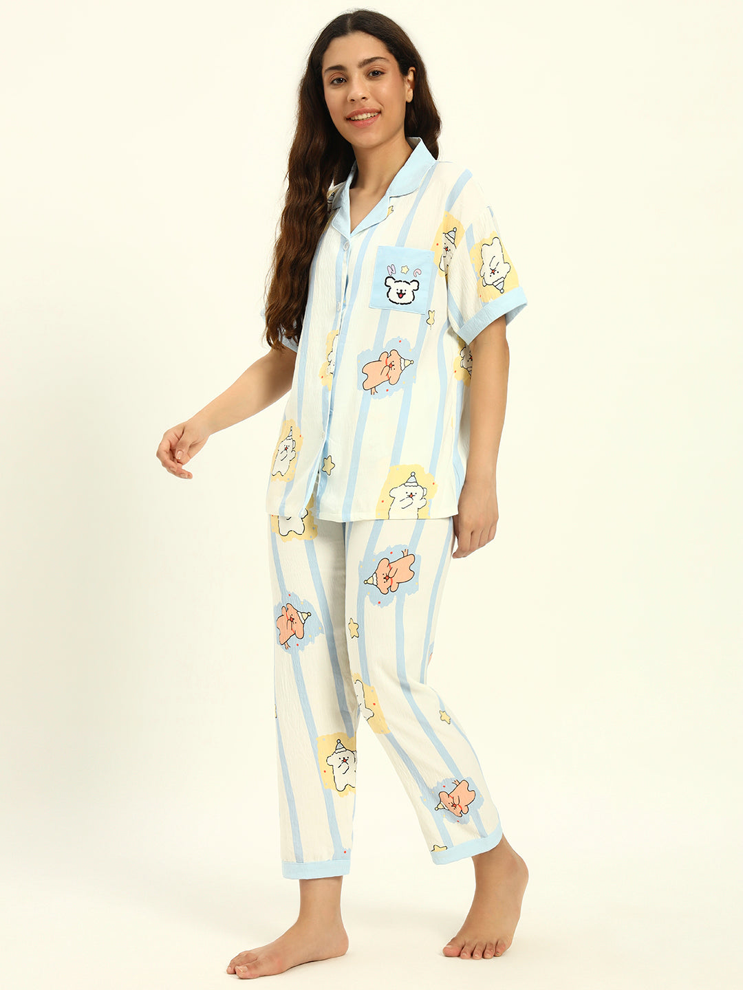 3 pc Korean Night suit Set-Blue White Printed