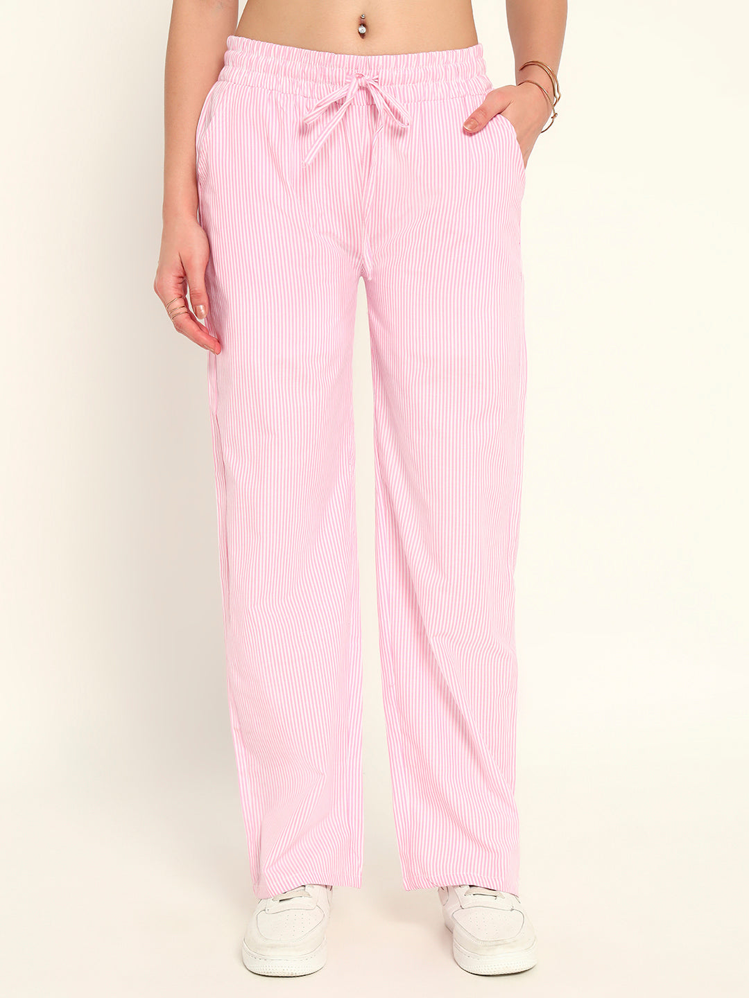 Women's Striped Cotton Lounge Pants-Pink