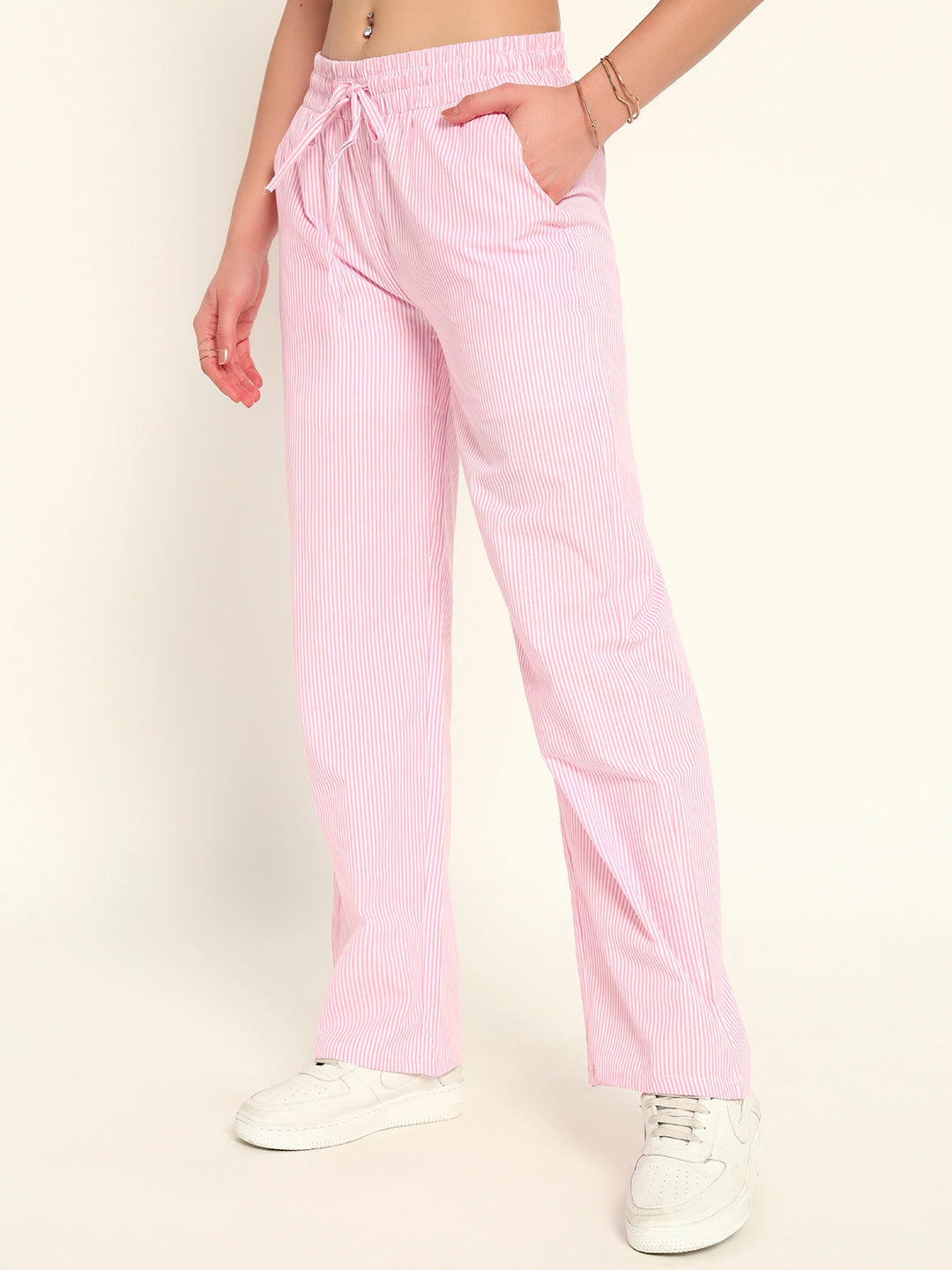 Women's Striped Cotton Lounge Pants-Pink