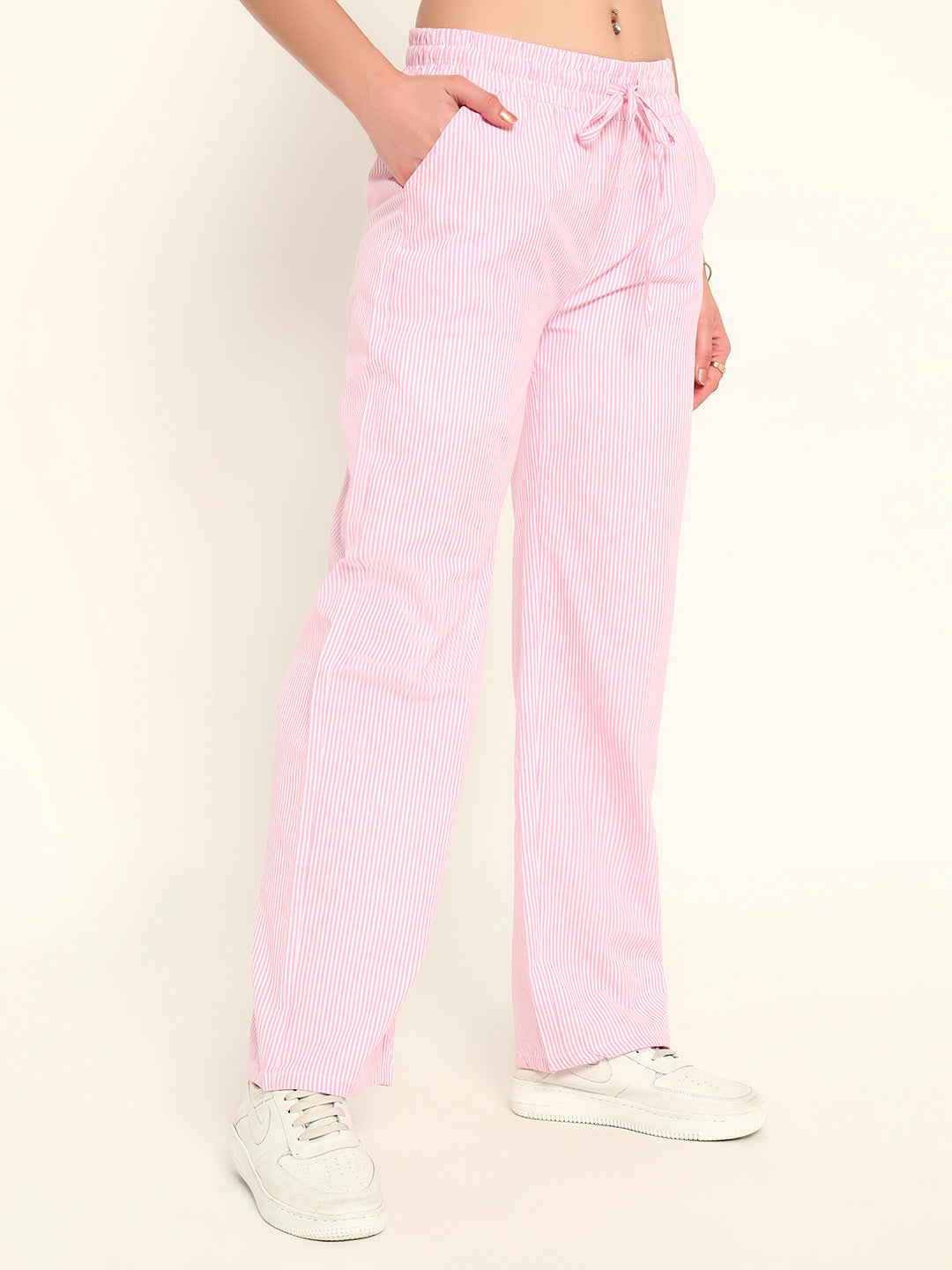Women's Striped Cotton Lounge Pants-Pink