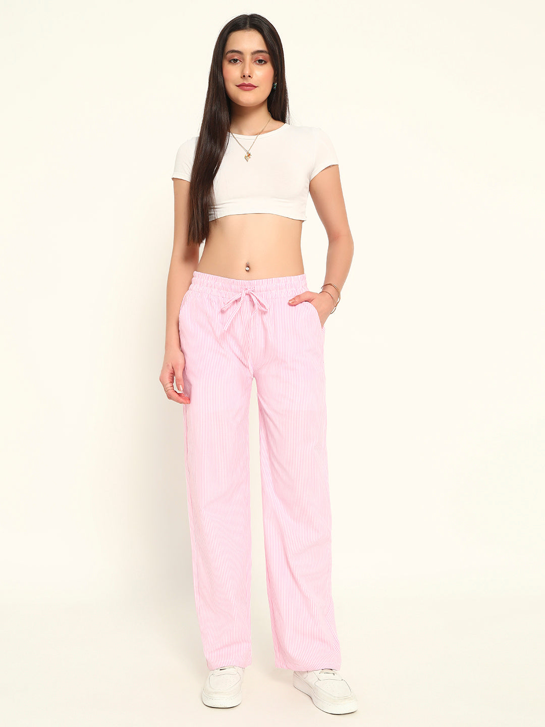 Women's Striped Cotton Lounge Pants-Pink