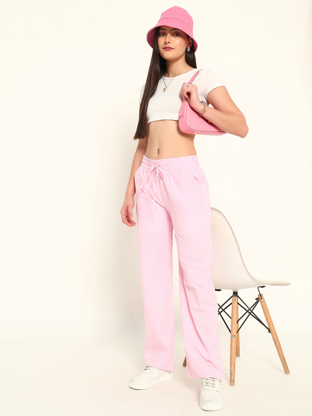 Women's Striped Cotton Lounge Pants-Pink