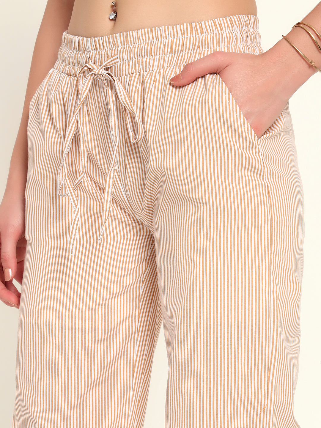 Women's Striped Cotton Lounge Pants-Beige