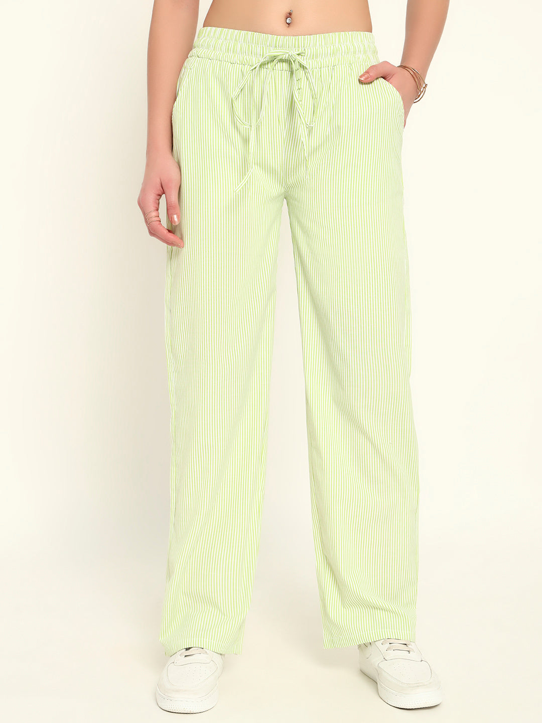 Women's Striped Cotton Lounge Pants-Green