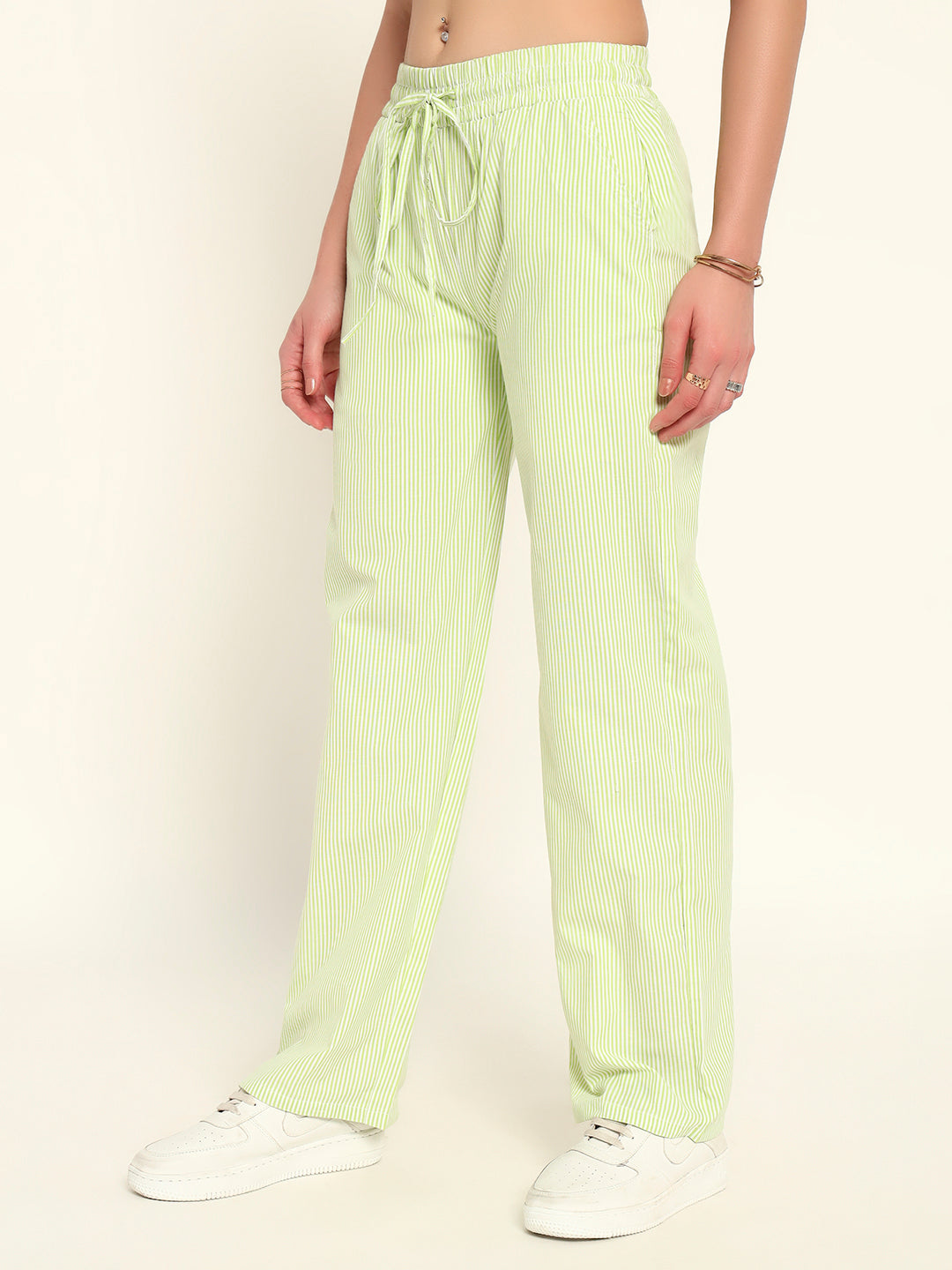 Women's Striped Cotton Lounge Pants-Green