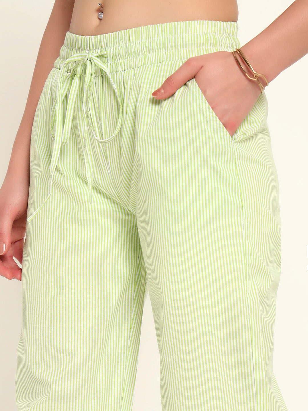 Women's Striped Cotton Lounge Pants-Green