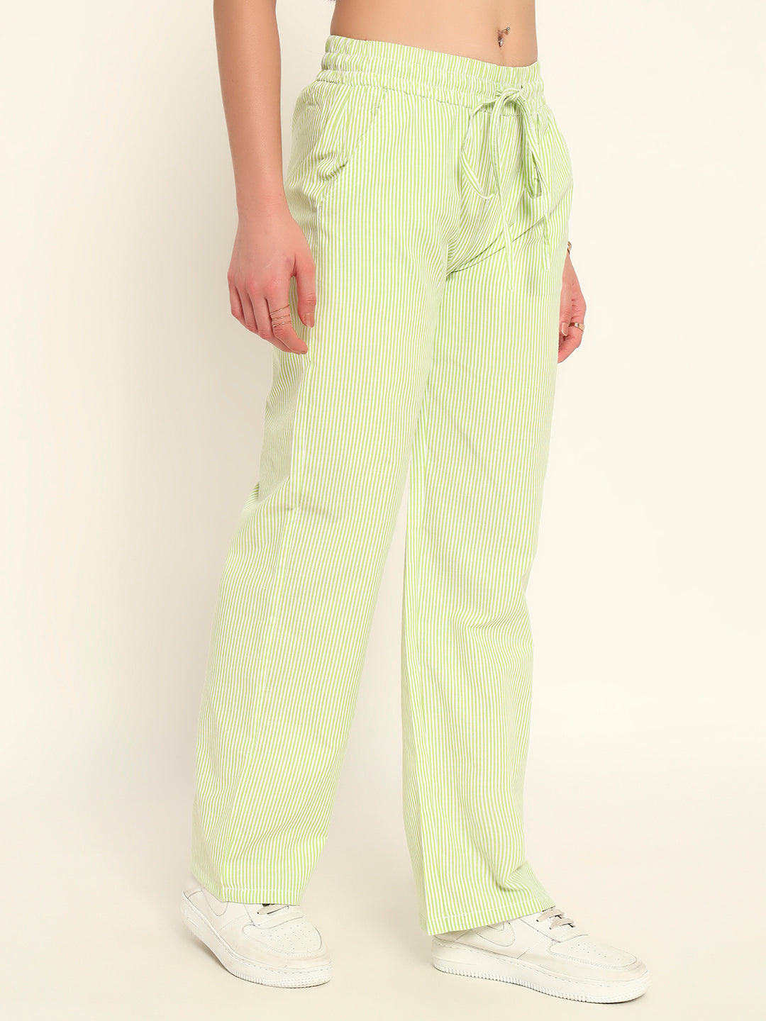 Women's Striped Cotton Lounge Pants-Green