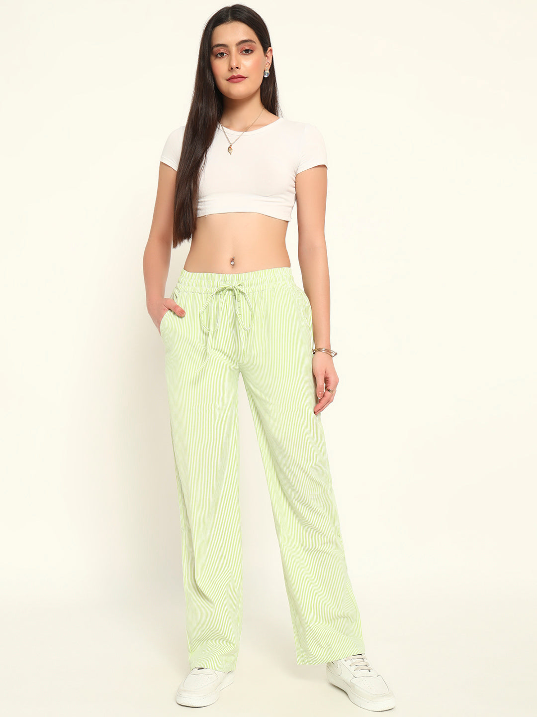 Women's Striped Cotton Lounge Pants-Green