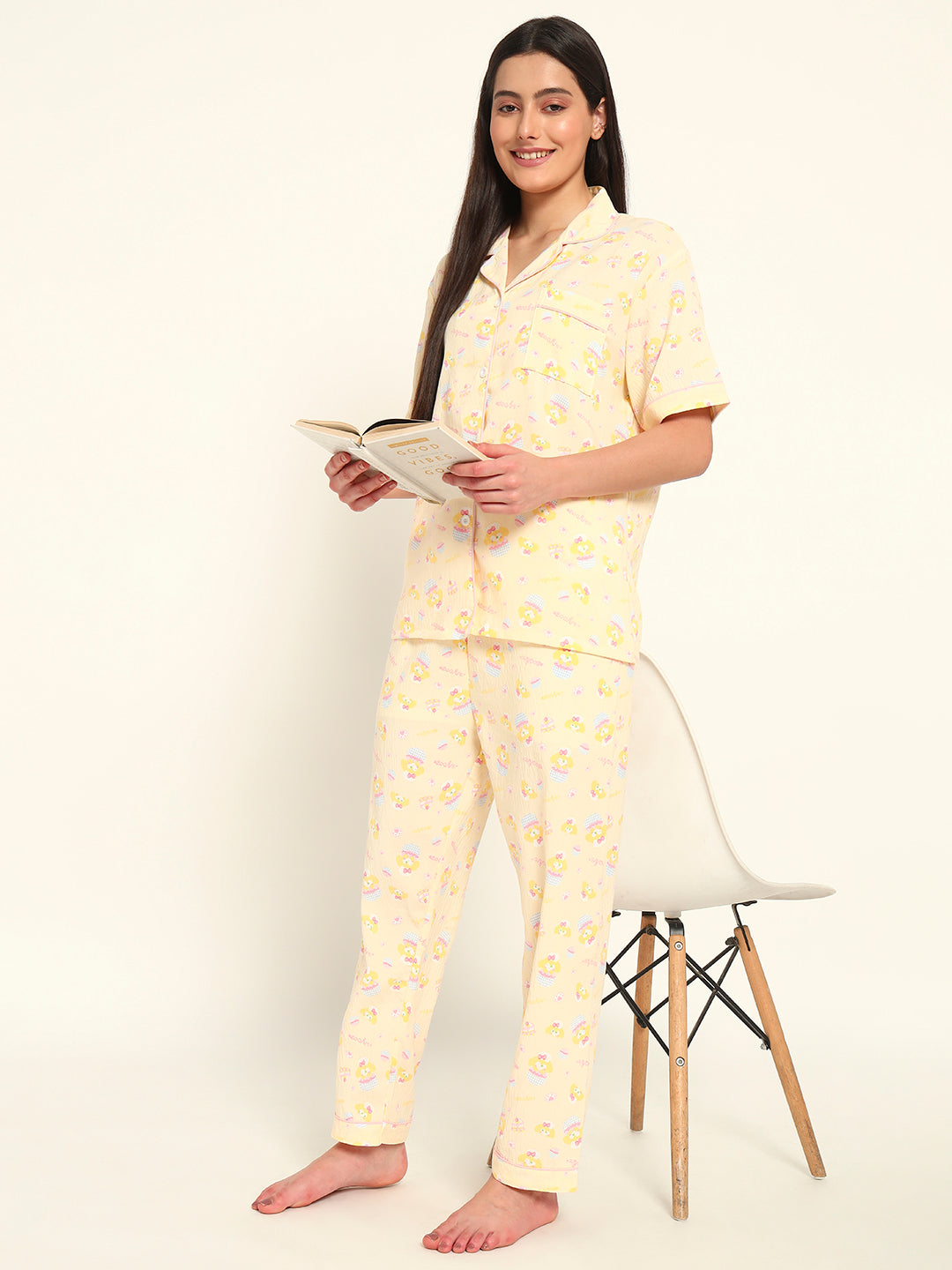 3 pc Korean Night suit Set-Yellow Printed