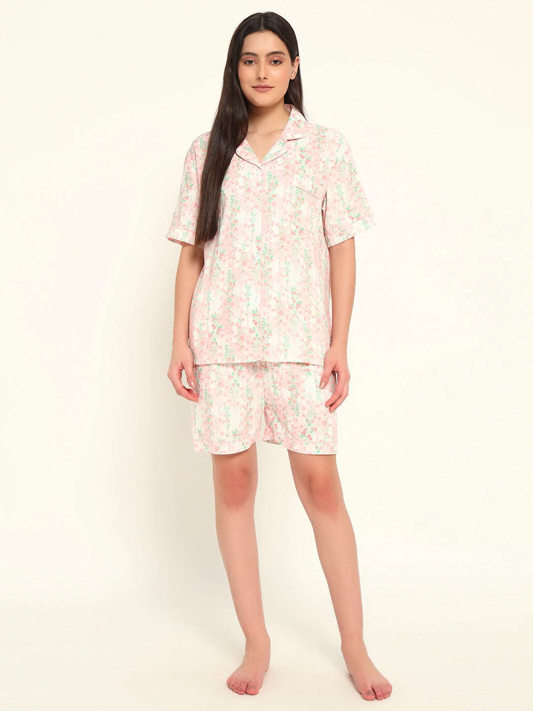 3 pc Korean Night suit Set-Pink floral