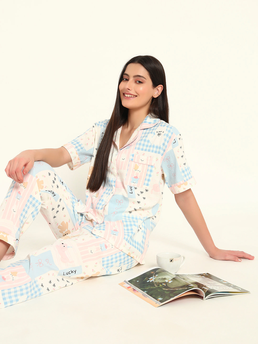 3 pc Korean Night suit Set-Pink Blue