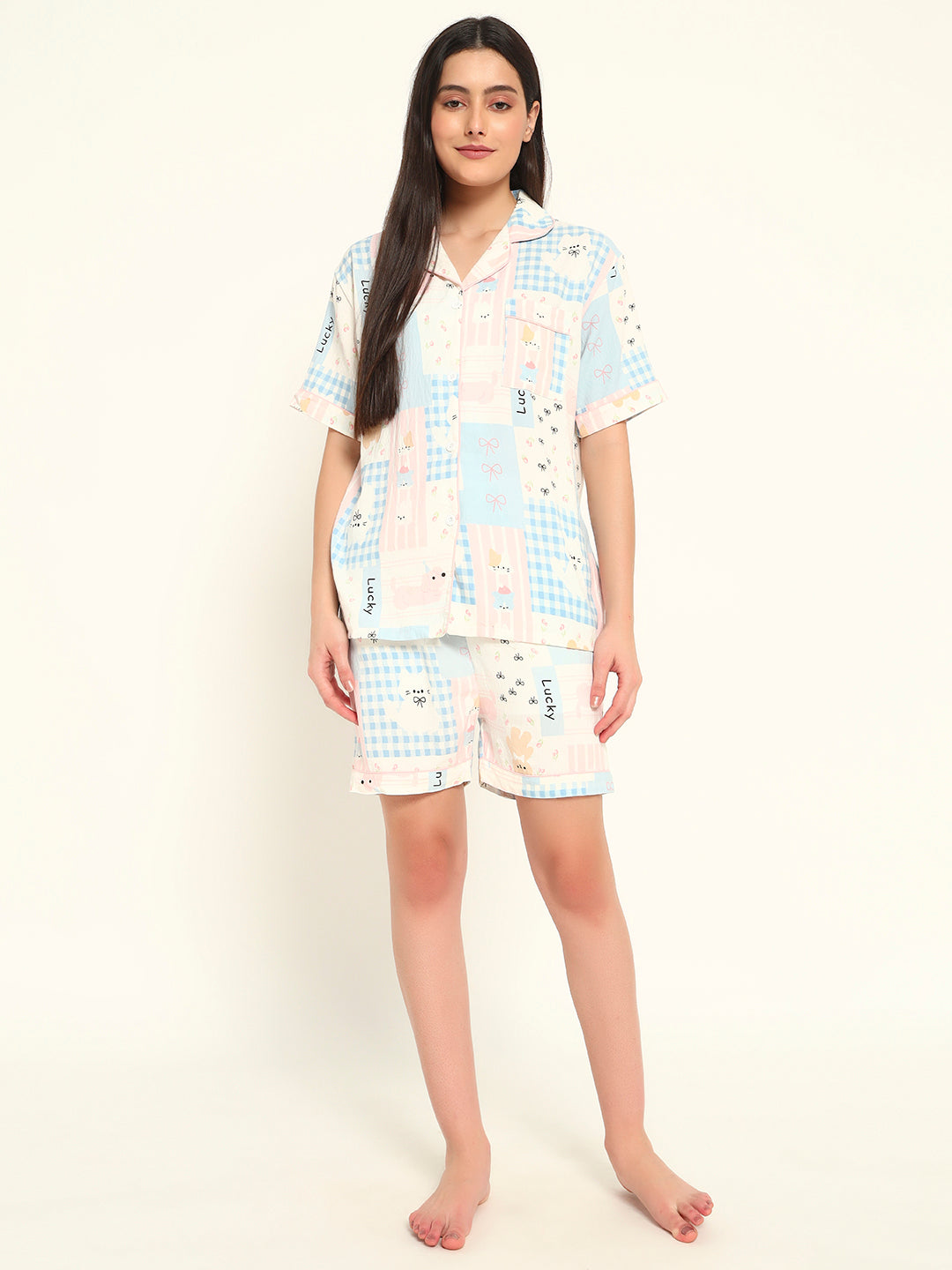 3 pc Korean Night suit Set-Pink Blue