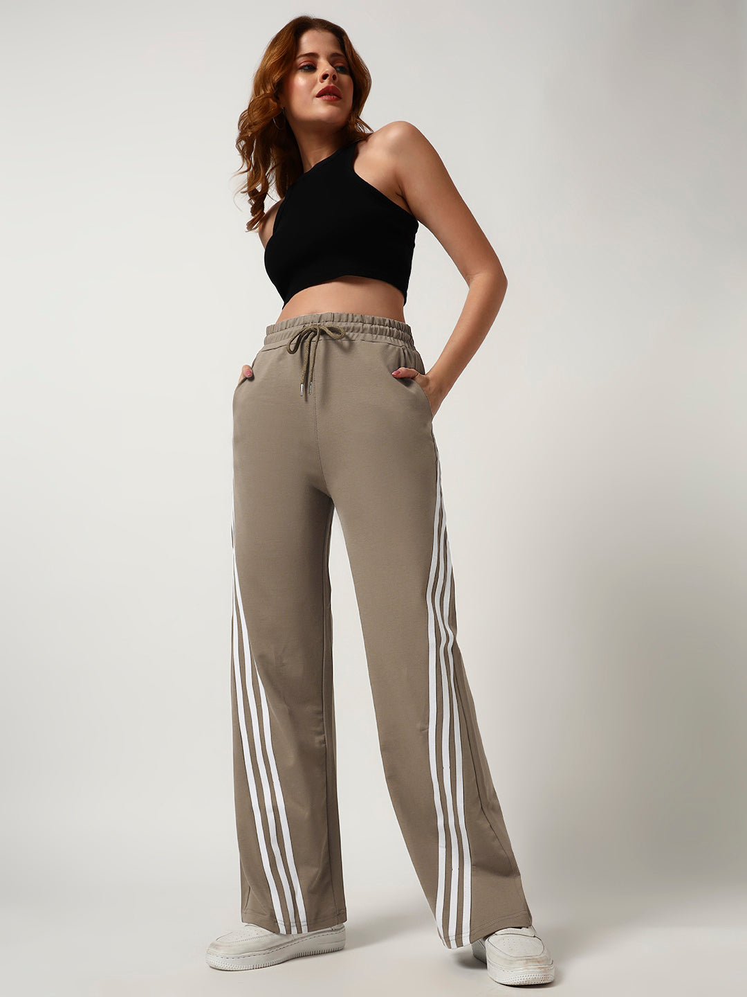COTTON STRIPED TRACK PANTS LIGHT MOCHA