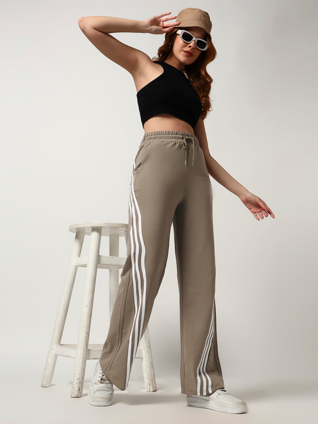 COTTON STRIPED TRACK PANTS LIGHT MOCHA