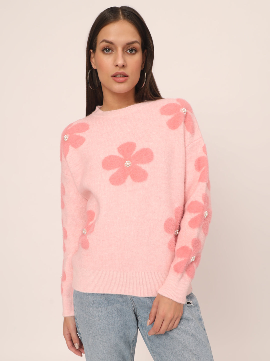 WOMEN SOFT WOOLEN FLOWER TOP-PINK