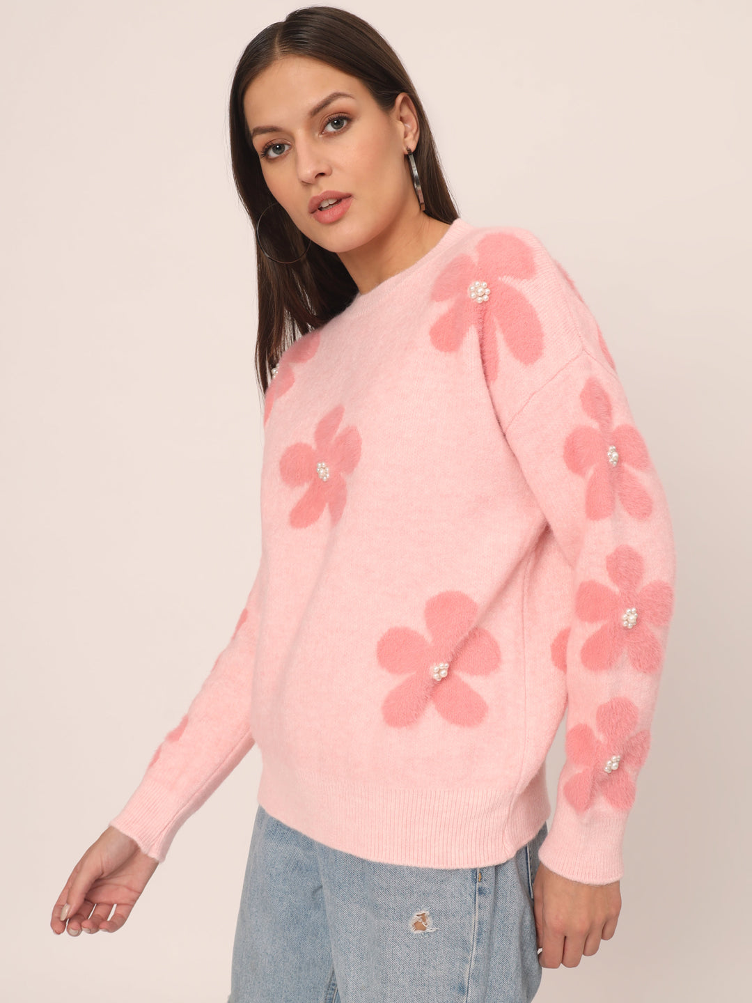 WOMEN SOFT WOOLEN FLOWER TOP-PINK