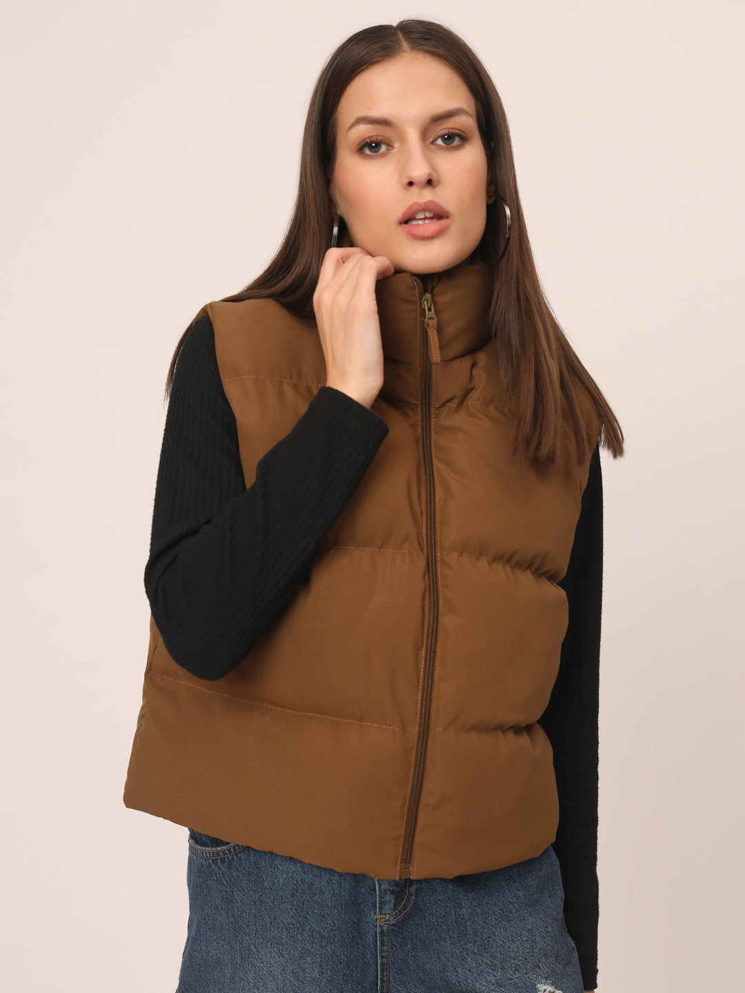 Women Puff Jacket-Brown With Pocket