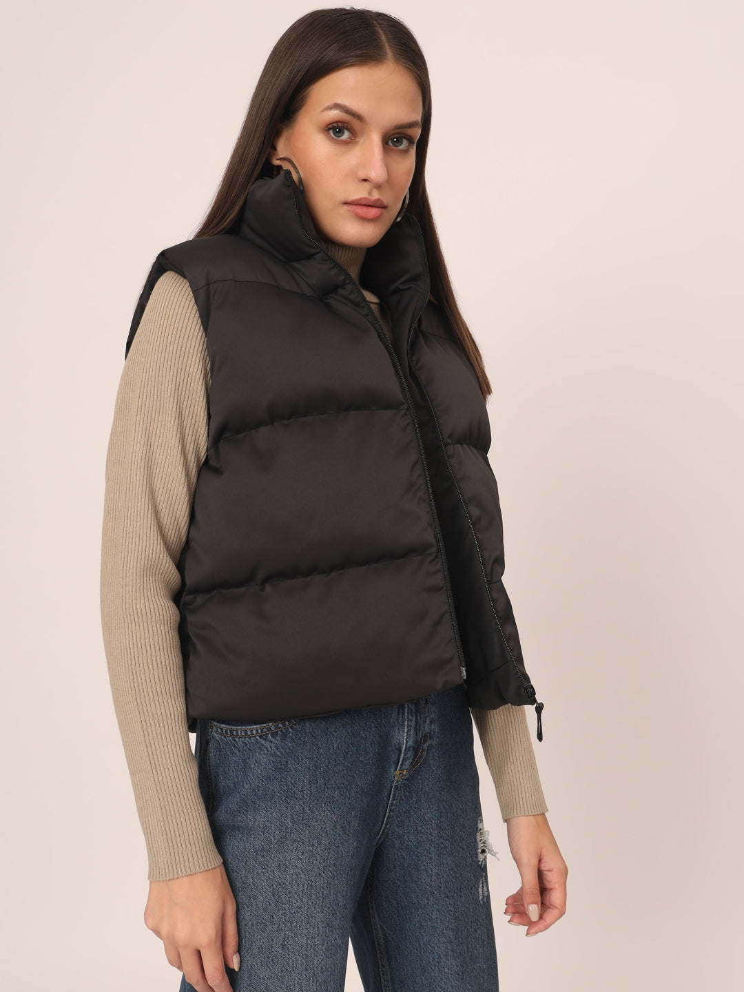 Women Puff Jacket-Black WITH POCKETS