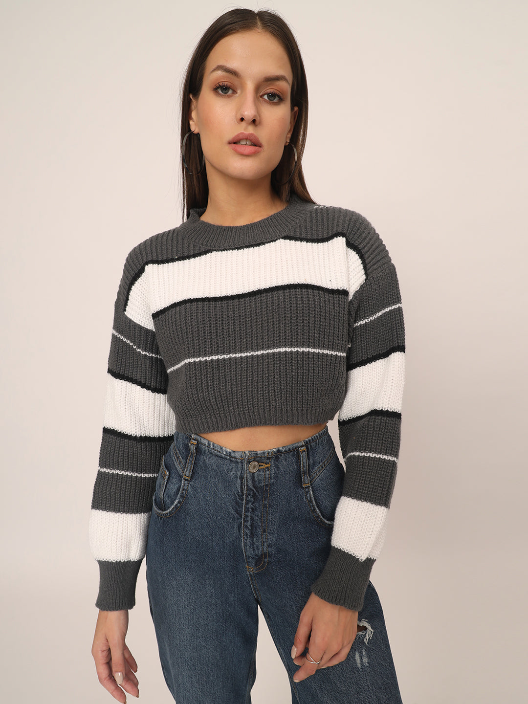 WOMEN GREY STRIPES CROP JUMPER